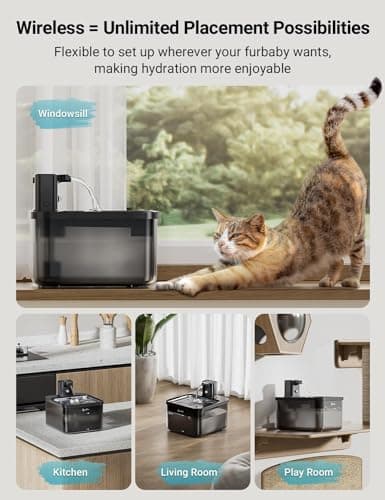 DownyPaws Cat Water Fountain Cordless, 84oz/2.5L Fursink Wireless Pet Water Fountains for Cats Indoor, Battery Operated Cat Drinking Fountain with Motion Sensor, Ultra Quiet Pump, BPA-Free, Black Pro - Thumbnail 2