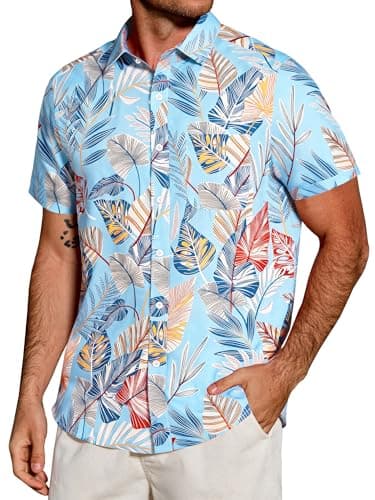 JEMLDL Men's Hawaiian Short Sleeve Button Down Shirt Wrinkle-Free Lightweight Tropical Leaf Beach Summer Clothes Sky Blue Leaf 2X-Large - Image 1