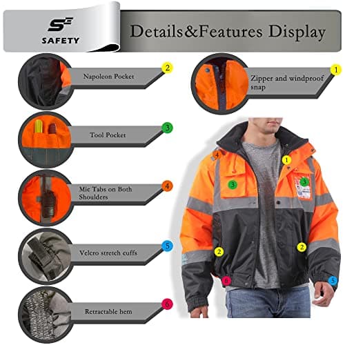 sesafety Reflective Jacket for Men, High Visibility Jackets, Safety Jackets for Men, Hi Vis Construction Bomber Jackets Waterproof with Pockets and Zipper, Black Bottom, Class 3 - Thumbnail 4