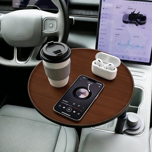 Lumlazni Car Desk for Laptop, Portable 360° Rotation Wooden Steering Wheel Tray (Cup Holder Mounted) for Food, Eating, Office, Compatible with Tesla Model Y/3 & Most Vehicles