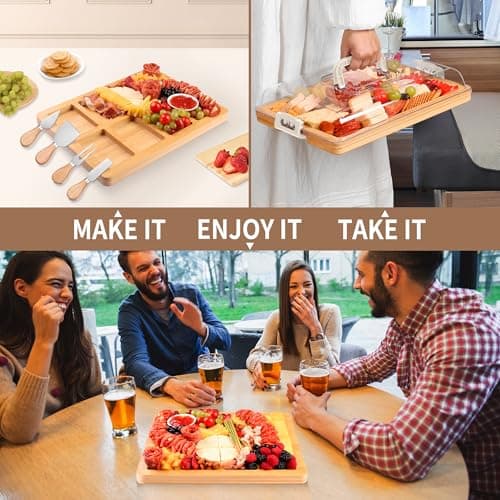 CAWIU Charcuterie Board with Lid and Handle - Portable Travel Design Bamboo Cheese Board Set with 4 Cheese Tools, Gift for Housewarming, Weddings, Picnics(8 Compartments, White) - Thumbnail 3