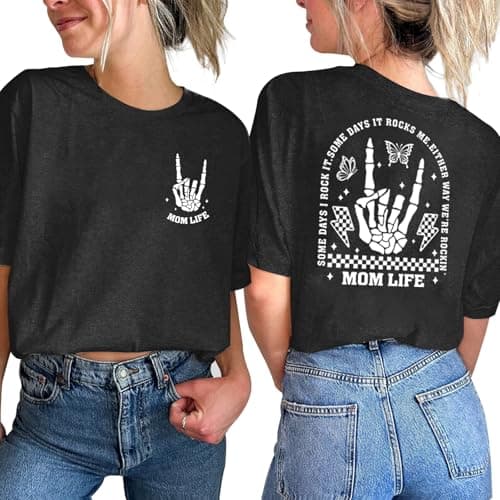 Mama Shirts for Women Mom Shirt Mom Life Crewneck T-Shirts Funny Mama Skeleton Rocker Graphic Tee Summer Pullove Tops Darkgrey - Image 1