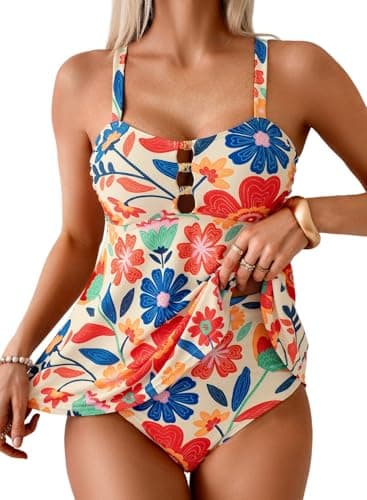 Aleumdr Tankini Swimsuits for Women Tummy Control Modest Bathing Suit Cut Out 2 Piece Swim Suit 2026 Swimwear with Bottom Floral Orange 1420 Medium