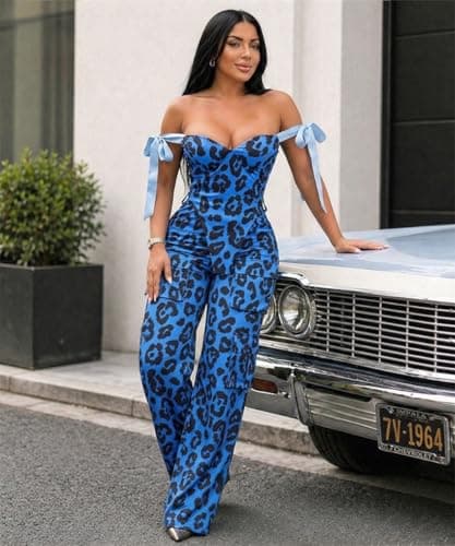 knowfashionstyle Sexy 2 Piece Sets For Women Going Out Sleeveless Croset Top And Wide Leg Pants Set Party Birthday Outfits BlueLeopard S - Thumbnail 5