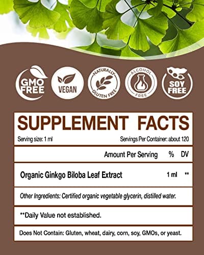Organic Ginkgo Biloba Extract Liquid Supplements, Brain & Focus Support, 98% Absorption, Vegan, Non-GMO, Alcohol & Gluten Free - 4 Fl Oz - Thumbnail 2