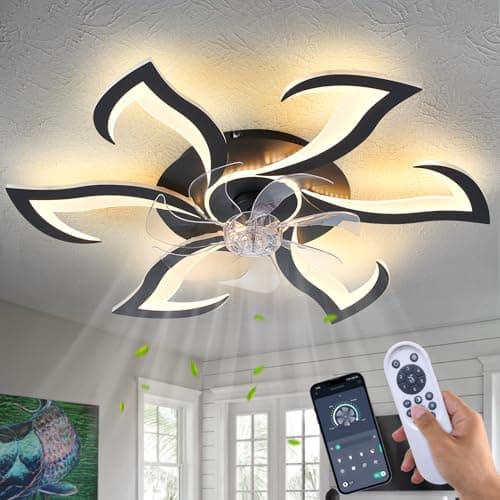 Dalouguan Modern Ceiling Fan with Lights and Remote Control, 32" Black Flush Mount Fan with 3 Light Colors, 6 Speeds, Low Profile for Kitchen and Bedroom
