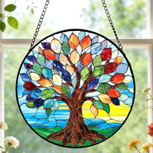 Stained Glass Window Hanging, Tree of Life Suncatcher for Door Home Decor, Colorful Tree Art Sunrise Sun Catcher Ornament Mother's Day Birthday Gifts for Women Men Mom 6.3 in