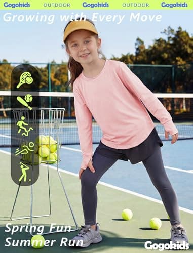 Gogokids Girls Long Sleeve Athletic Shirt, Breathable Cotton Activewear Top with Stretch, Split Back & Thumbholes, Pink, 130, 7-8 Years - Thumbnail 3