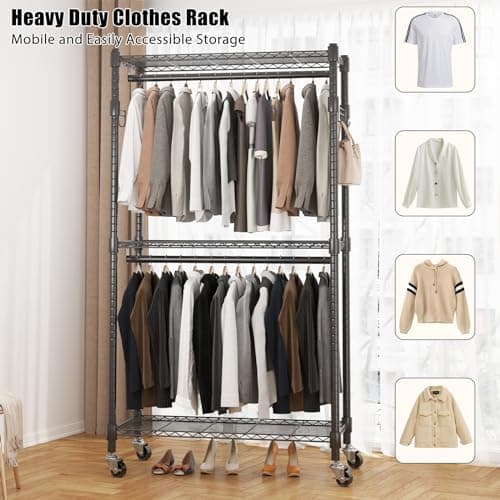 BATHWA Rolling Tall Garment Rack with 2 Rods & 3-Tier Adjustable Shelves, 35.5" W x 16.5" D x 80.7" H, Heavy Duty Clothes Hanging Racks Portable Wardrobe Closet Organizer for Bedroom, Laundry, Black - Thumbnail 4