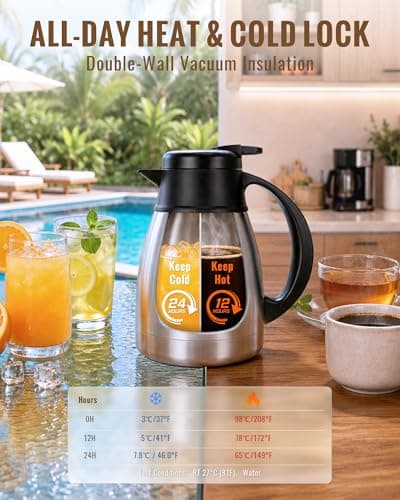 GiNT Insulated Coffee Carafe 34 Oz, Small Stainless Steel Flask for Hot Coffee with Fully Washable Detachable Lid, Portable Thermal Pitcher One-Hand Push Button Tea Dispenser for Travel Camping Office - Thumbnail 2