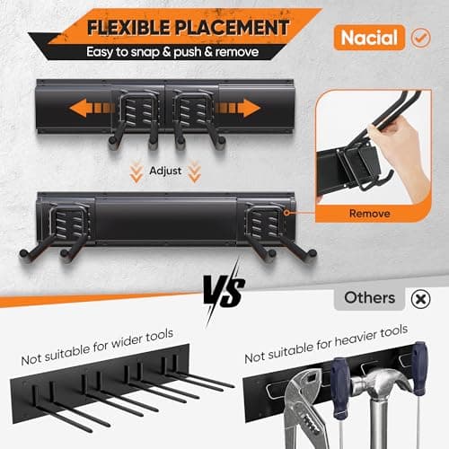 Garden Tool Organizer Wall Mount, 32 inches Tool Storage Rack with Adjustable Hooks, 600lbs Adjustable Heavy Duty Metal Hooks, Yard Shed Rack Holder System Hanging Rake Broom Mop Snowboard, Men Gift - Thumbnail 2