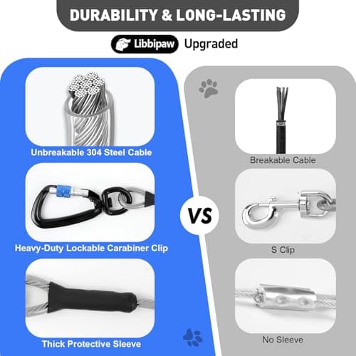 Libbipaw Dog Tie Out Cable 25FT Heavy Duty Chew Proof, Tangle-Free Runner with 360° Swivels & Locking Clip for Large Dogs Up to 250LBS - Rust Proof Leash for Yard, Camping, Outside (Silver 25FT) - Thumbnail 4