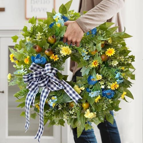 WANNA-CUL 24 Inch Year Round Spring Summer Wreaths for Front Door, Blue Yellow Floral Door Wreath with Pomegranates Daisy - All Season Decorative Wedding Wall Wreath Indoor Outdoor Farmhouse Decor - Thumbnail 4