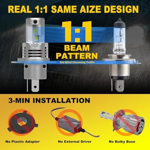 KIMLATAR Latest H4 Light Bulbs Hi/Low Super Bright Upgraded 900% 60000LM Brightness,1:1 Halogen Mini Size,10-Year Lifespan,Plug and Play,H4/9003 Fog Bulbs,Pack of 2 - Thumbnail 3