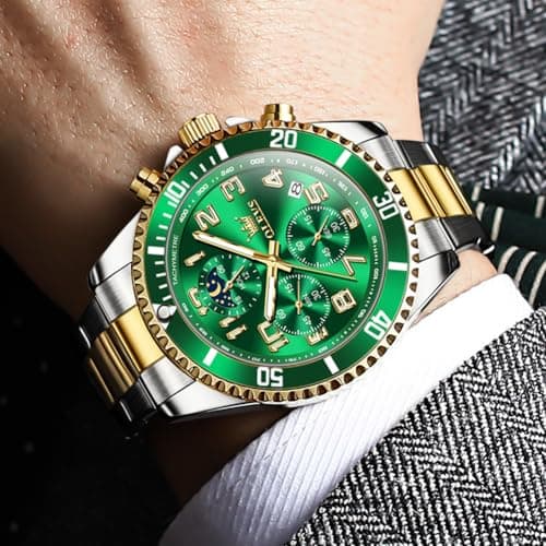 OLEVS Male Green Watches Chronograph Luxury Dress Moon Phase Numeral Stainless Steel Waterproof Luminous Business Casual Wrist Watch - Thumbnail 2