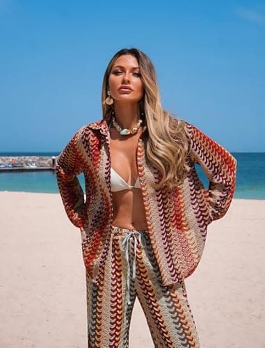 ZAFUL Womens Beach Cover Up Summer Lightweight Cardigans Crochet Boho Swimsuit Cover Up Long Sleeve Cardigans Beach Wear Red M - Thumbnail 5
