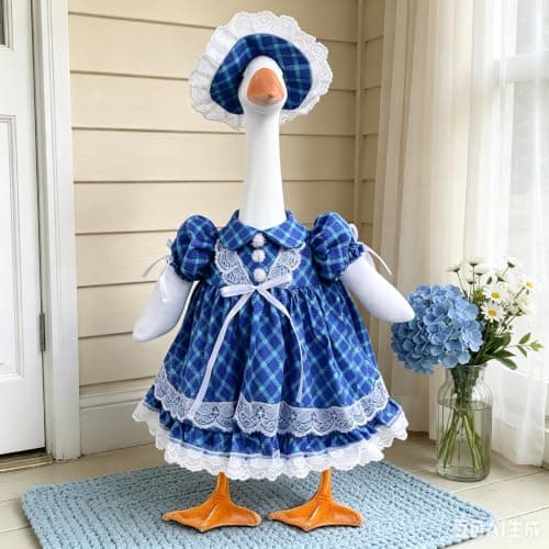 Sukione Blue Plaid Porch Goose Outfits, Summer Vintage Lawn Goose Clothes for 23" Cement Goose Statue, Cute Lace Dress with Hat for Outdoor Garden Patio Yard Art Decorations - Thumbnail 6