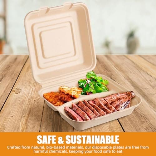 Clamshell Take Out Food Containers - 9x8 Inch Takeout Lunch Box Containers To Go Take Out Clamshell for Food, leftover containers with lids,Disposable Eco-Friendly Biodegradable, PFAS-Free (100) - Thumbnail 6