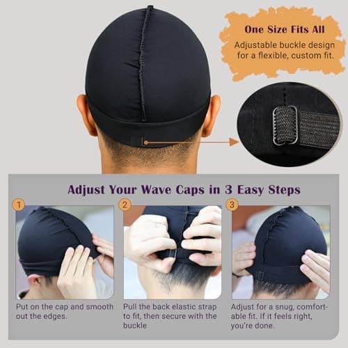 DURALA Adjustable Wave Caps for Men, Premium Elastic Stocking Cap for 360 540 720 Wave (Black+Black) - Thumbnail 3