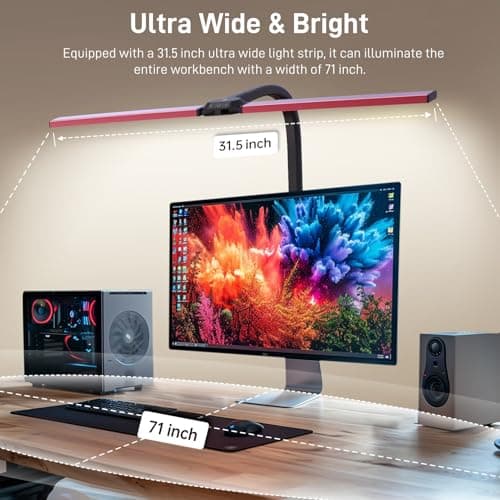 LED Desk Lamp for Home Office, Eye-Caring Desk Light with Clamp, 24W Double Head Architect Task Lamp Stepless Dimming, Flexible Gooseneck Bright Table Lamp for Study Reading Workbench Drafting Red - Thumbnail 3