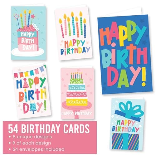 Hadley Designs Happy Birthday Cards Bulk with Envelopes - 54 Assorted Birthday Cards for Kids & Adults, Bulk Greeting Card Pack for Office, Generic Bday Notecards with Envelopes, Designed in USA - Thumbnail 3