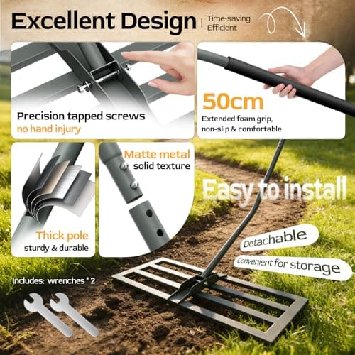 HamRoRung Lawn Leveling Rake -31.5''x11.8'' Heavy Duty Leveling Rake, Ergonomic Handle, Professional Ground Leveler for Yard, Soil, Grading, Gravel, Seeding, Do Not Hurt Turf, Save Effort - Thumbnail 5