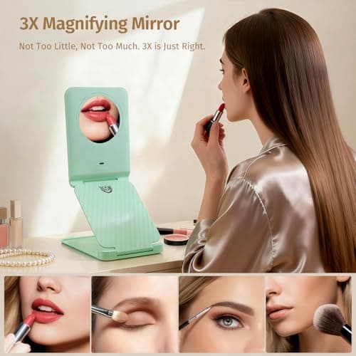 INFOOD Travel Makeup Mirror - Rechargeable LED Vanity Mirror 7.8x5 Inches with 1X/3X Magnifying, 3 Color Dimmable Light, Touch Screen, Foldable Design with Stand, Portable for Travel, Mint Green - Thumbnail 2