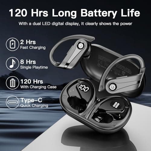 Mosyxe Earbuds Wireless Earbuds 120H Playback Bluetooth 5.4 Headphones IPX7 Waterproof Stereo Bass Over-Ear Headphones with Earhooks Microphone LED Battery Display for Sports Running Workouts - Thumbnail 5
