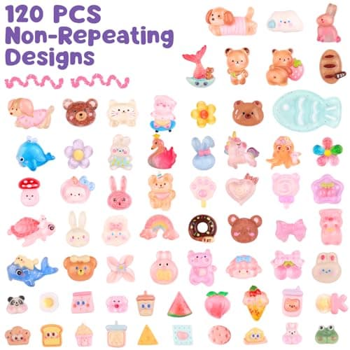 120Pcs Kawaii Slime Charms Set, Non-Repeating Mini Cute Flatback Resin Embellishments for DIY Crafting, Scrapbooking, Hair Clips, Shoes, Phone Cases - Assorted Animals, Food, Dessert, Flower - Thumbnail 2