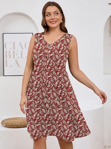 AusLook Plus Size Women Summer Dress Sleeveless V Neck Casual Cute Loose Sundress Red Paisley 5X Comfy Swing Button Down Midi Work Flowy Tunic Ladies Beach Vacation Teacher Dresses with Pockets - Thumbnail 6