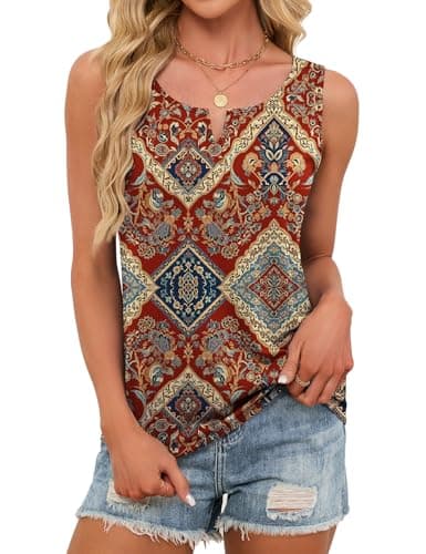 JUSTFASHIONNOW Boho Tank Tops for Women V Neck Sleeveless Tops Dressy Casual Blouses Work Shirts Summer Beach Vacation Clothes(Wine Red, X-Large) - Thumbnail 4