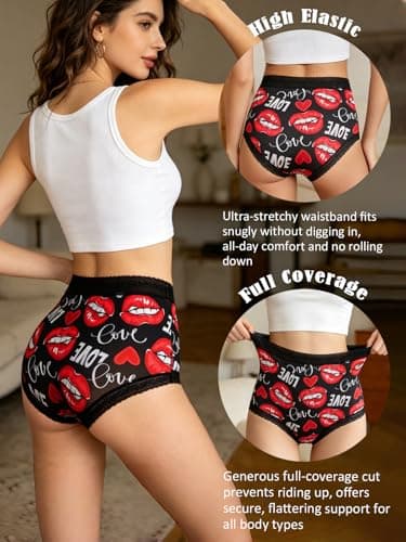 Dircho Women's Gothic Boy Short Panties, 3 Pack Heart & Lip Print Underwear, Romantic Stretchy Lace Trims Brief - Thumbnail 3