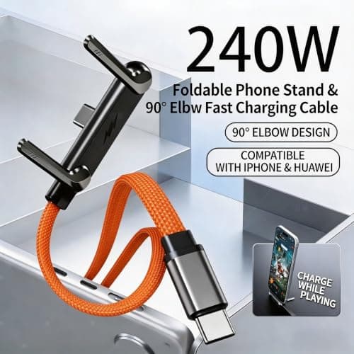 240w USB C to USB C Fast Charging Cable 5ft with Foldable Phone Stand, 90° Elbow Braided Type-C Cable, 2-in-1 Charger Cord for Gaming/Video Streaming, Compatible with iPhone 15/16/17, Samsung, Laptops - Thumbnail 5