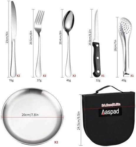 Aaspad Full Size Stainless Steel Dishes & Utensils Sets Outdoor Camping Mess Kits Flatware Picnic Silverware Cutlery Kits Carrier Case Packed of 2 Forks,2 Spoons,1 Serrated Knife,1 Food Clip,2 Plates - Thumbnail 5