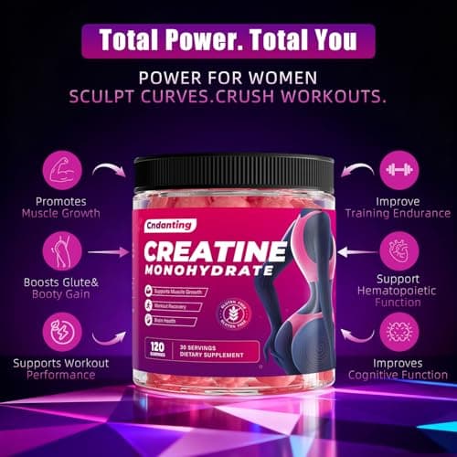 CNDANTING Creatine Gummies for Women 5000mg - Monohydrate Creatine Gummies, B12 & Folic Acid. Vegan Strawberry Flavor for Glute Shaping & Leg Toning. Bloating Free Muscle Recovery & Energy, 120 Count - Thumbnail 2
