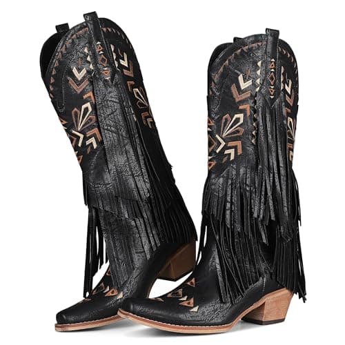 SaraIris Women's Black Cowgirl Boots Knee High Boots Fringe Boots Tassel Boots Western Boots Pointed Toe Boots Cowboy Boots for Women - Image 1
