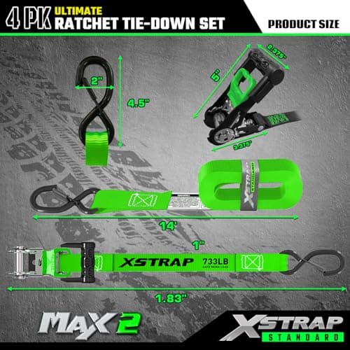 XSTRAP Motorcycle Tie Down Strap (4PK) - 2,200lb Break Strength 1" x 15ft Ratchet Tie Down Straps Set, Soft Loop Ratchet Straps for Moving Appliances, Lawn Equipment, Cargo Straps for Trucks, Green - Thumbnail 2
