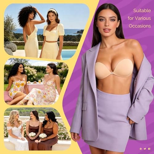 VogaChic Invisible Sticky Bra Push Up, Reusable Adhesive Bra for Backless Dress, Seamless Silicone Nipple Covers for Women's Exotic Bustiers & Corsets (C Cup, Beige, 2PCS) - Thumbnail 6