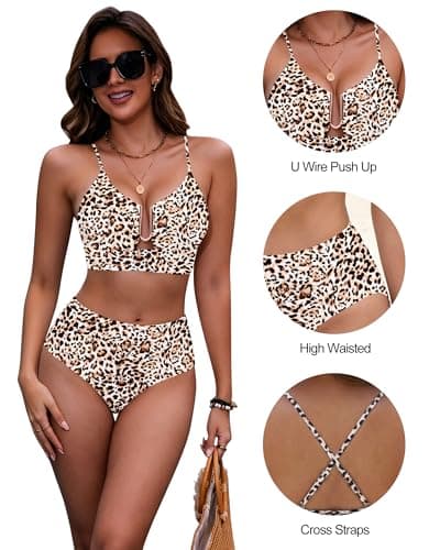 HORISUN Women High Waisted Tummy Control U-Wire Cutout Leopard Printed Bikini 2 Piece Crisscross Back Beach Swimsuit XL - Thumbnail 5