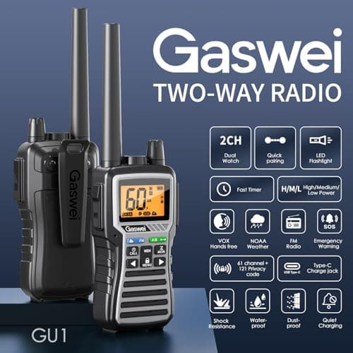 Gaswei GU1 Long Range Walkie Talkies, 2 Way Radio Walkie Talkie with Flashlingts, 60 Channels & 121 Privacy Codes, NOAA Weather Alert, VOX, FM Radio, SOS for Job Site, Hiking, Camping (Grey) - Thumbnail 2