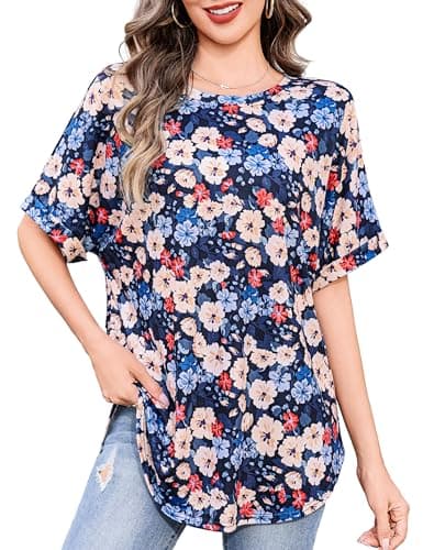 Totatuit Oversized Graphic Tees for Women Crewneck Drop Shoulder Tunic Tops Summer Casual Loose Fit Elbow Sleeve Shirts with Curved Hem Plus Size Floral Printed T-Shirts - Image 1