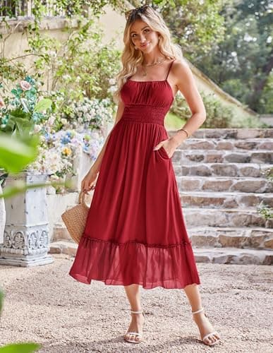GRACE KARIN Women's Summer Maxi Dress 2026,Smocked Ruched Bust Sundress with Adjustable Straps & Pockets Red XXL - Thumbnail 2