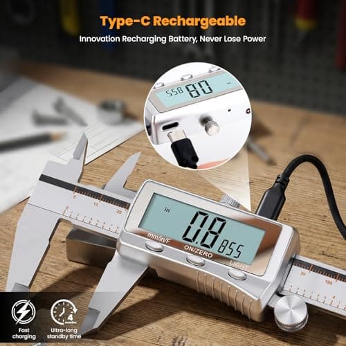 HARDELL Digital Caliper, Rechargeable Caliper Measuring Tool with Backlight LCD Screen, All Metal Calipers, Auto-Off Digital Micrometer, Inch/MM/Fraction for Household/3D-Printing-Rechargeable 6 Inch - Thumbnail 2