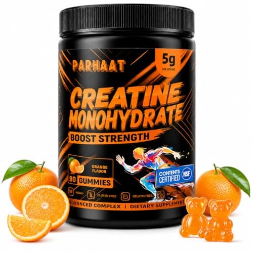 Parhaat NSF Certified Creatine Gummy - Creatine Monohydrate Gummies 5g for Men & Women - Boost Focus,Strength, and Endurance, Vegan, Gluten-Free, Non-GMO, 2.5 Gram Creatine per Gummy (Orange 90 ct)
