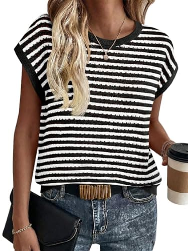 Saodimallsu Womens Short Sleeve Sweater Summer Striped Crochet Tops Casual Cap Sleeve Crewneck Knit Sweater Vest T-Shirts Black - Image 1
