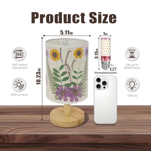 Xmpmrb Artisan Crafted Floral Pressed Nightstand Lamp - Handmade Vintage Table Light with Adjustable Warm Glow for Bedroom, Office, or Living Room Decor (Purple) - Thumbnail 2