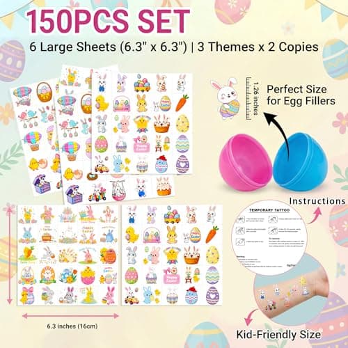 GgXanthyll Easter Temporary Tattoos,150 PCS, Easter Basket Stuffers, Party Favors, Waterproof, Non-Candy Party Favors Gifts - Thumbnail 2