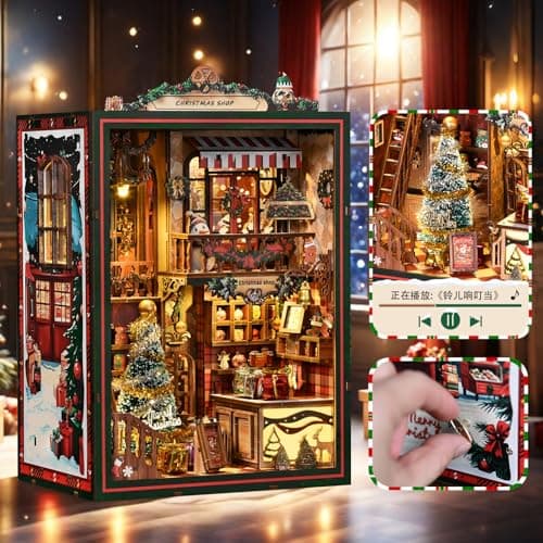 DIY Christmas Store Book Nook Kit, Miniature House with LED Light, 264pcs Wooden 3D Puzzles for Adults Teens, Bookshelf Decor Scale Model, Cultural Handmade Gift for Christmas & Book Lovers - Thumbnail 4