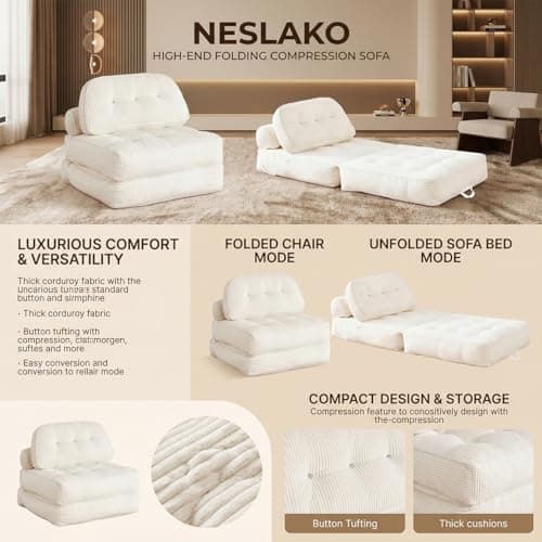 NESLAKO Folding Sofa Bed, Flannel Futon Couch Bed with Pillow and Blanket, Convertible Sleeper Chair for Living Room Bedroom, White - Thumbnail 4