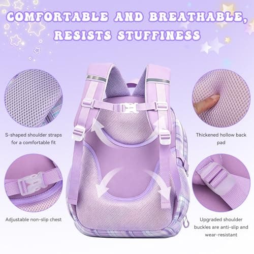 HZWLFA Backpack for Girls,Cute Plaid Backpack,Preppy Bookbag for Elementary & Middle School Students,Large Capacity School Bag,17 Inch,Purple - Thumbnail 6